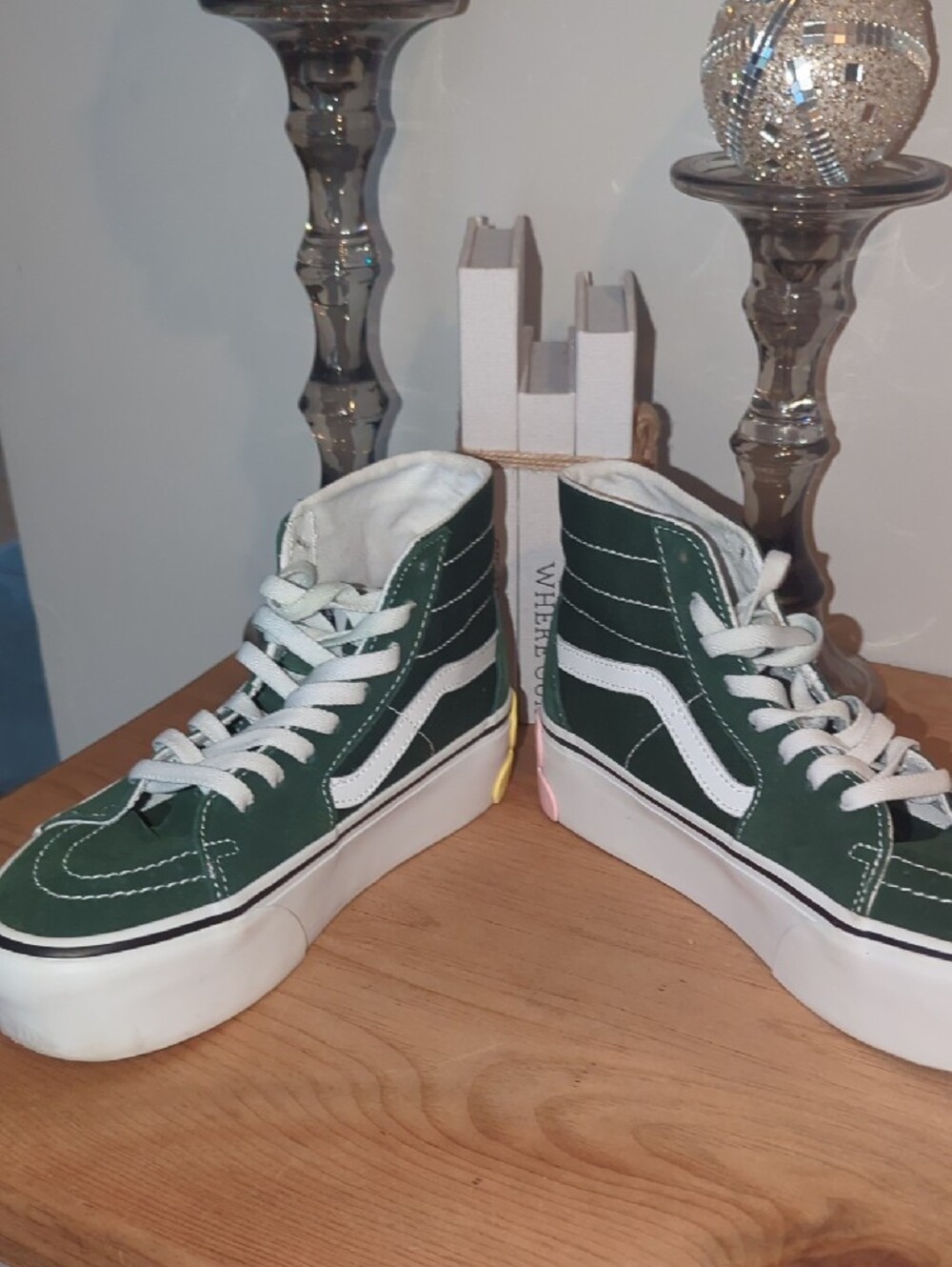 Vans Dark Green High-Top Platform Sneakers with White Stripe and Flower Accent - Picture 4 of 5